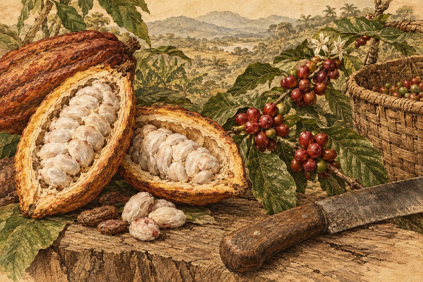 Illustration of cacao pods and coffee cherries
