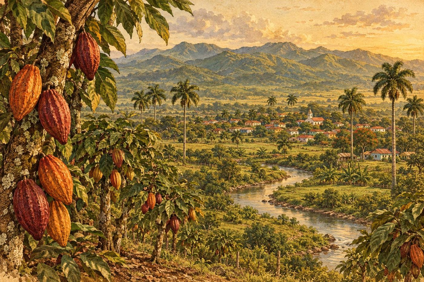 Illustration of cacao trees and the Nigua river valley near Castillo, Duarte