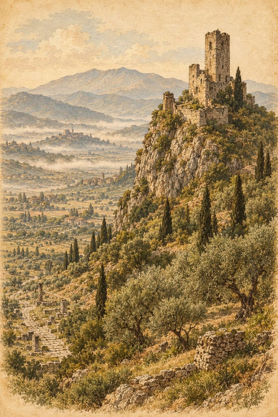 Illustration of a medieval castle tower on a crag above an olive-grove valley in southern Lazio