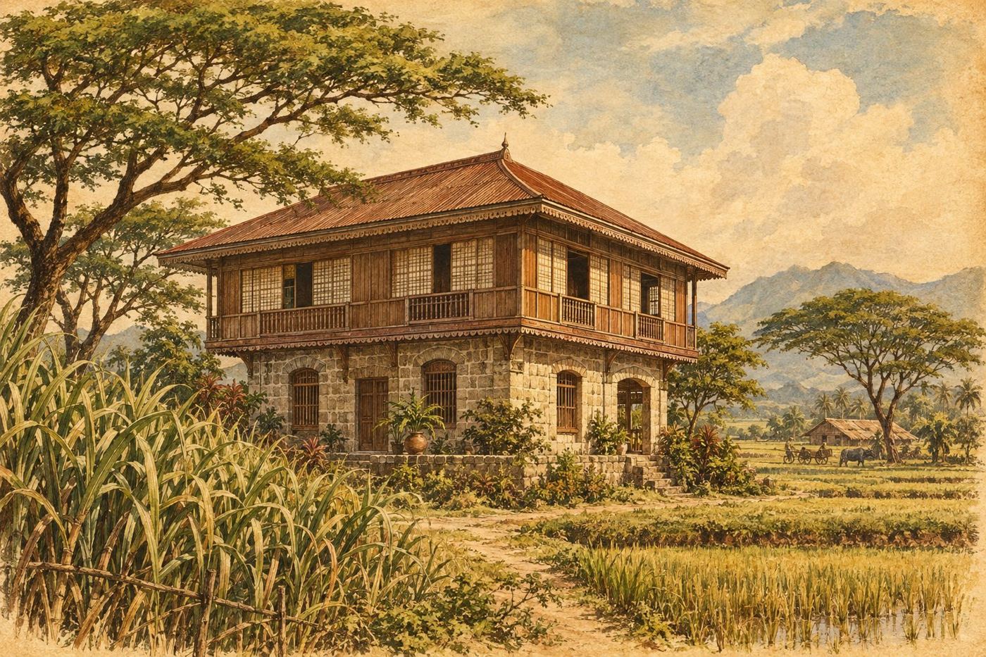 Illustration of a 1930s two-storey Filipino heritage house among sugarcane fields
